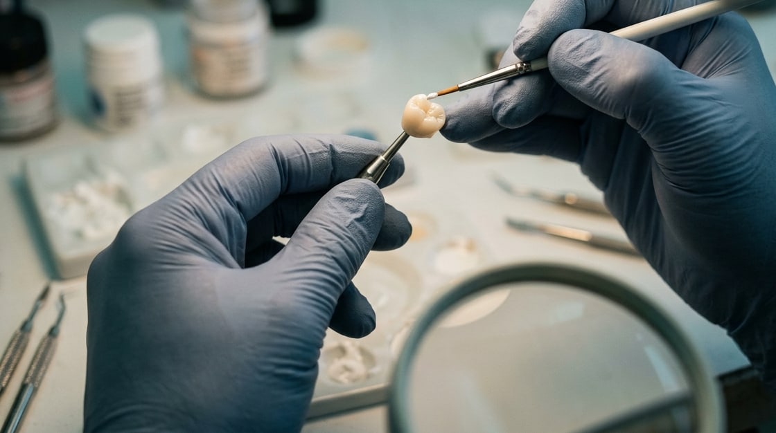 Gloved hands applying porcelain to a crown under a bench lamp