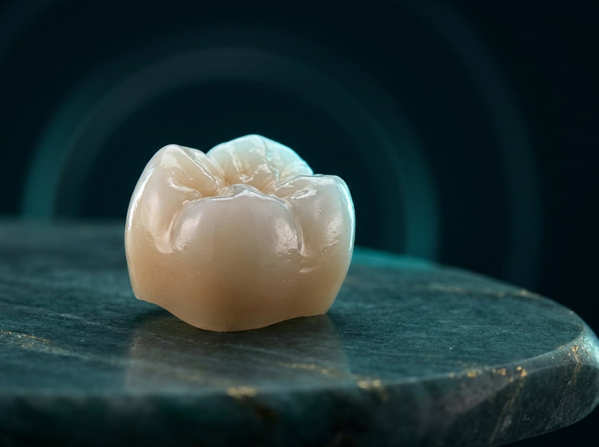 A zirconia molar crown on a dark stone, marked up like an inspection sheet