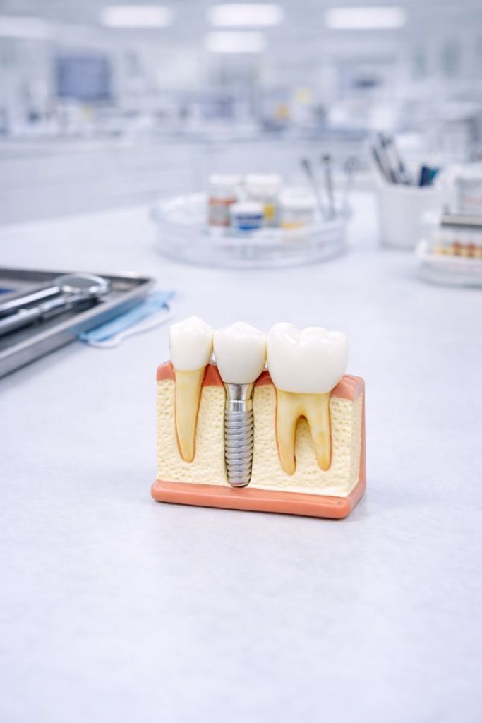 A dental model displaying two natural teeth and one dental implant, set against a blurred clinical background.